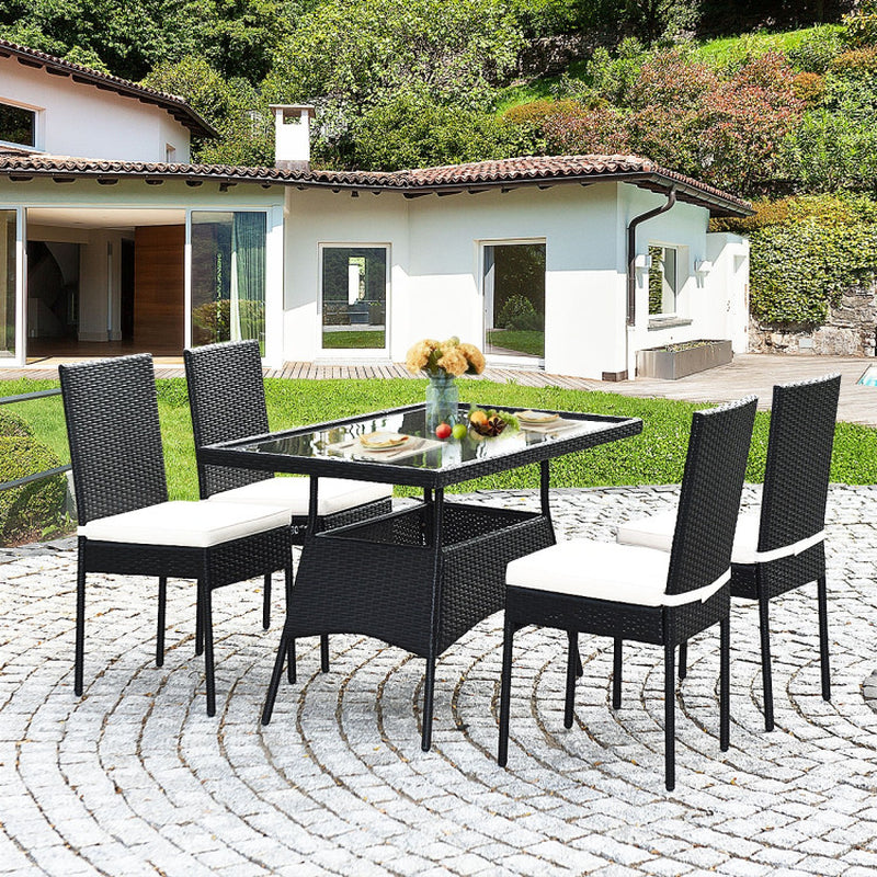 5 Pieces Rattan Dining Set with Glass Table and High Back Chair