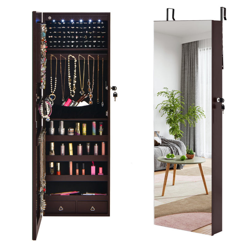 Wall Mounted Full Screen Mirror Jewelry Cabinet Armoire with 6 Leds