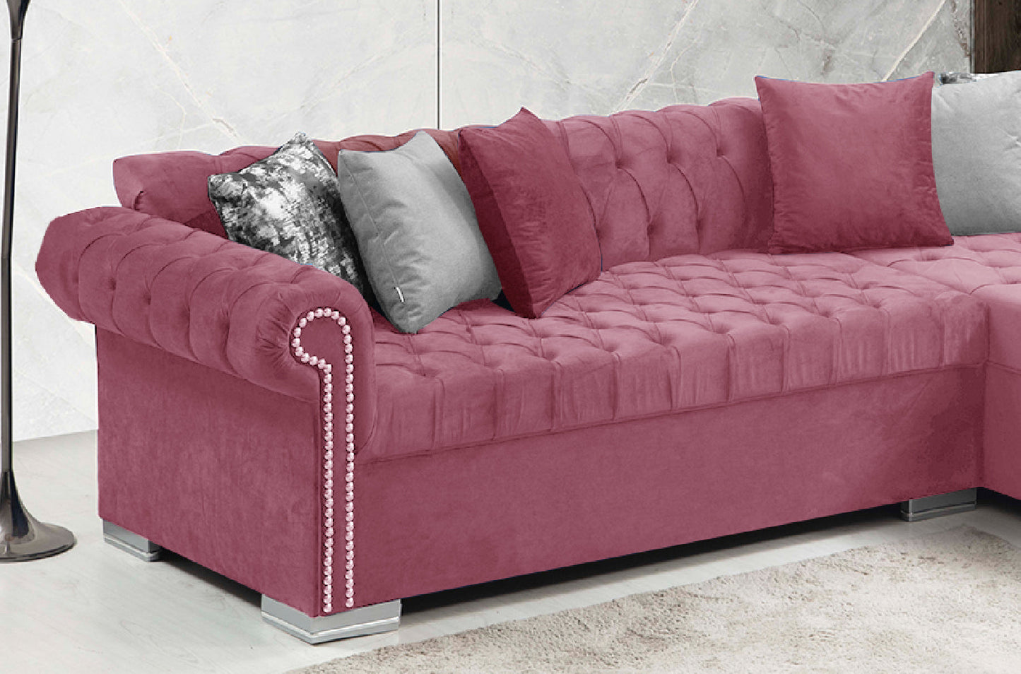 Icarus  L Double Chase Sectional Velvet Upholstery - Silver