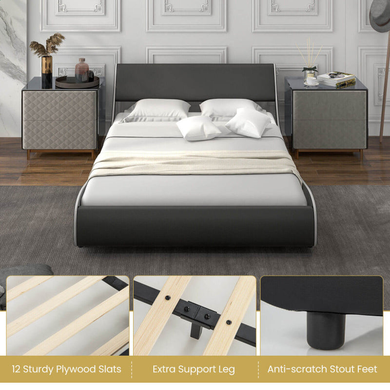 Upholstered Platform Bed Frame Low Profile Faux Leather with Curved Headboard