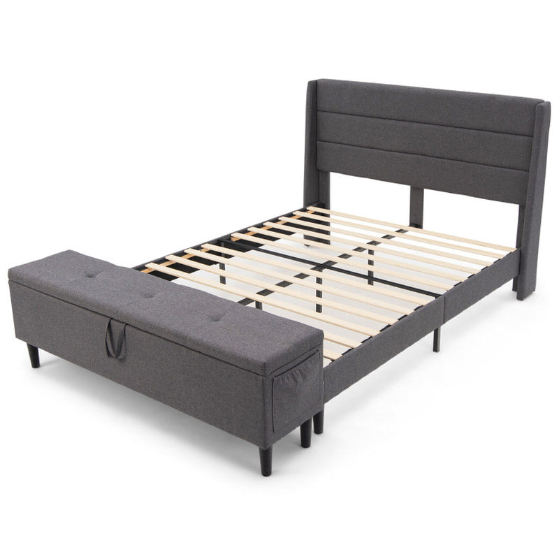 Full/Queen Upholstered Bed Frame with Headboard and Storage Ottoman