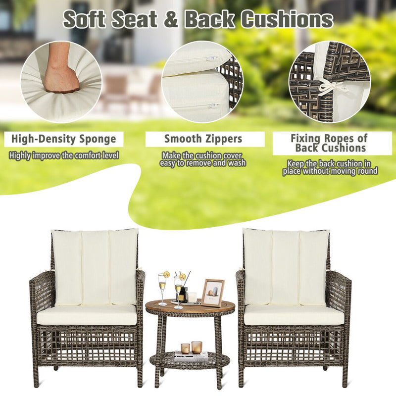 3 Pieces Patio Rattan Furniture Set with Cushioned Sofas and Wood Table Top