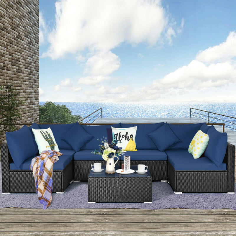 7 Pieces Sectional Wicker Furniture Sofa Set with Tempered Glass Top