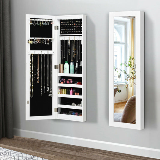 Wall and Door Mirrored Jewelry Cabinet with LED Light