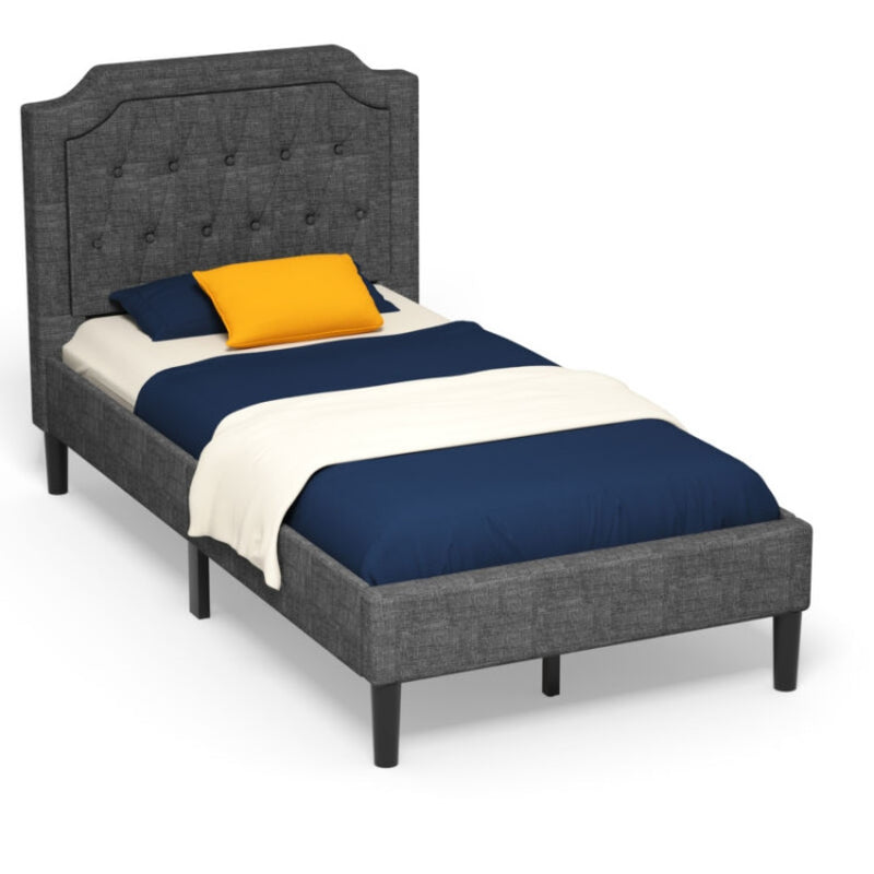 Linen Twin Upholstered Platform Bed with Frame Headboard Mattress Foundation