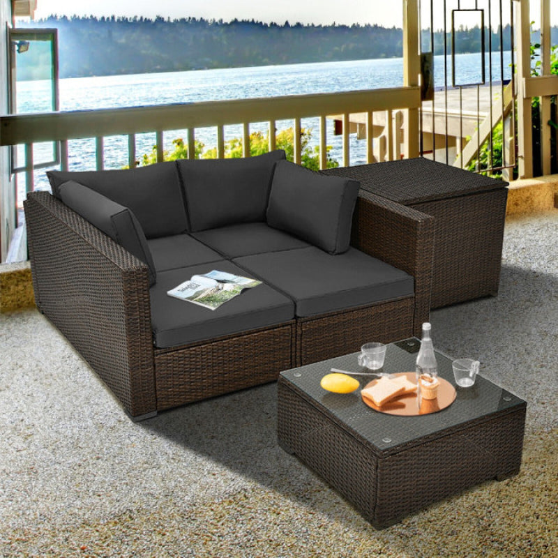 4 Pieces Patio Rattan Cushioned Furniture Set with Armrest and Storage Box