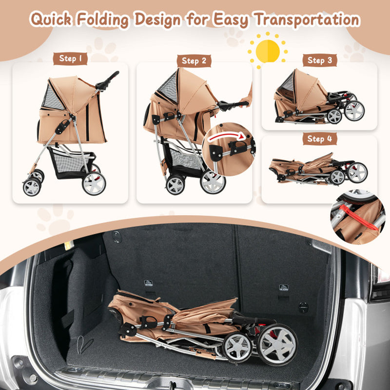 Foldable 4-Wheel Pet Stroller with Storage Basket