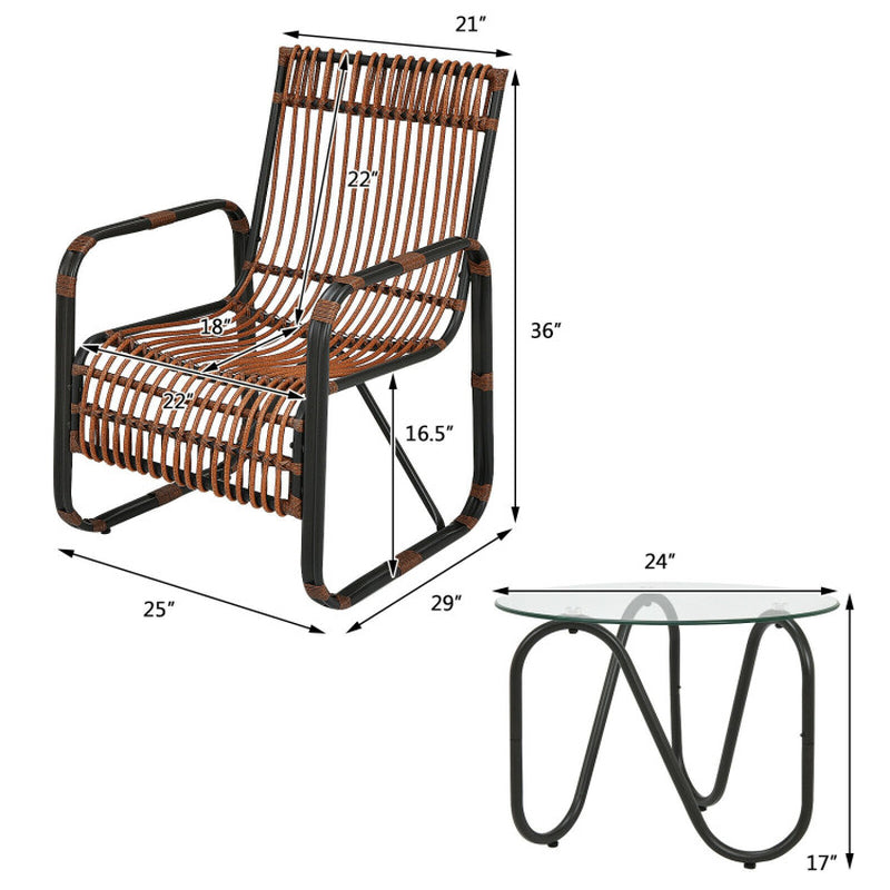 3 Pieces Patio Rattan Furniture Set with 2 Single Wicker Chairs and Glass Side Table