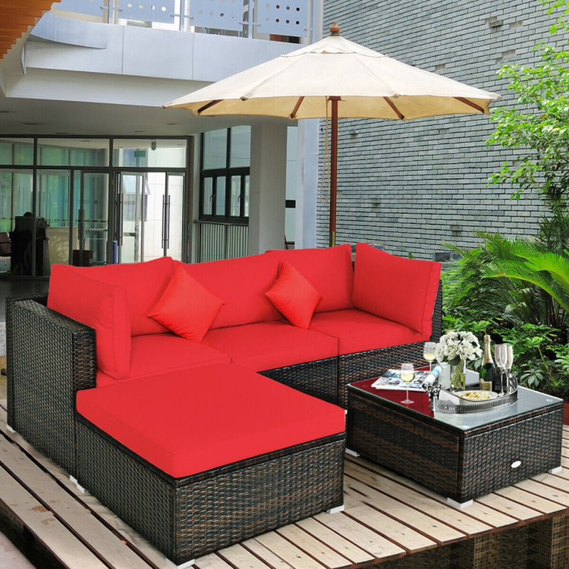5 Pieces Outdoor Patio Rattan Furniture Set Sectional Conversation with Cushions