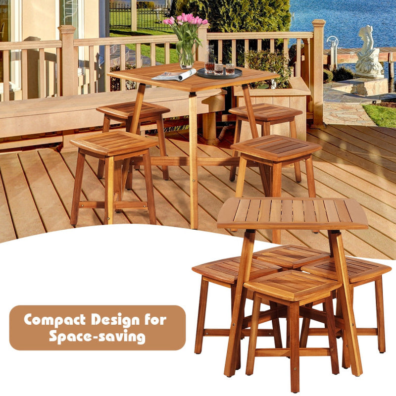 5 Pieces Wood Patio Dining Set with Square Table and 4 Stools