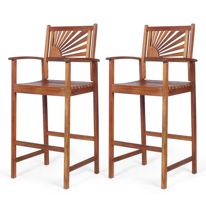2 Pieces Outdoor Acacia Wood Bar Chairs with Sunflower Backrest and Armrests