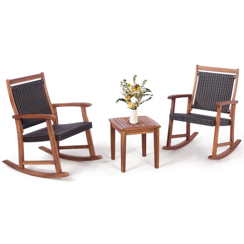 3 Pieces Acacia Wood Patio Rocking Chair Set with Side Table