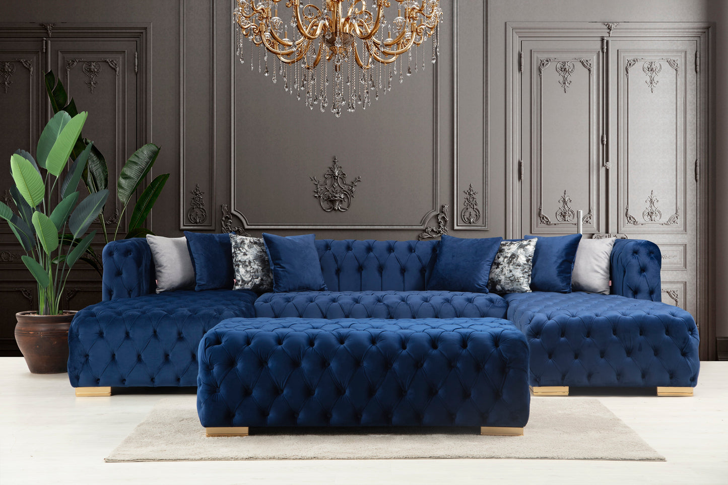 Golf Double Chase Sectional - Velvet  Navy Blue** OTTOMAN NOT INCLUDED**