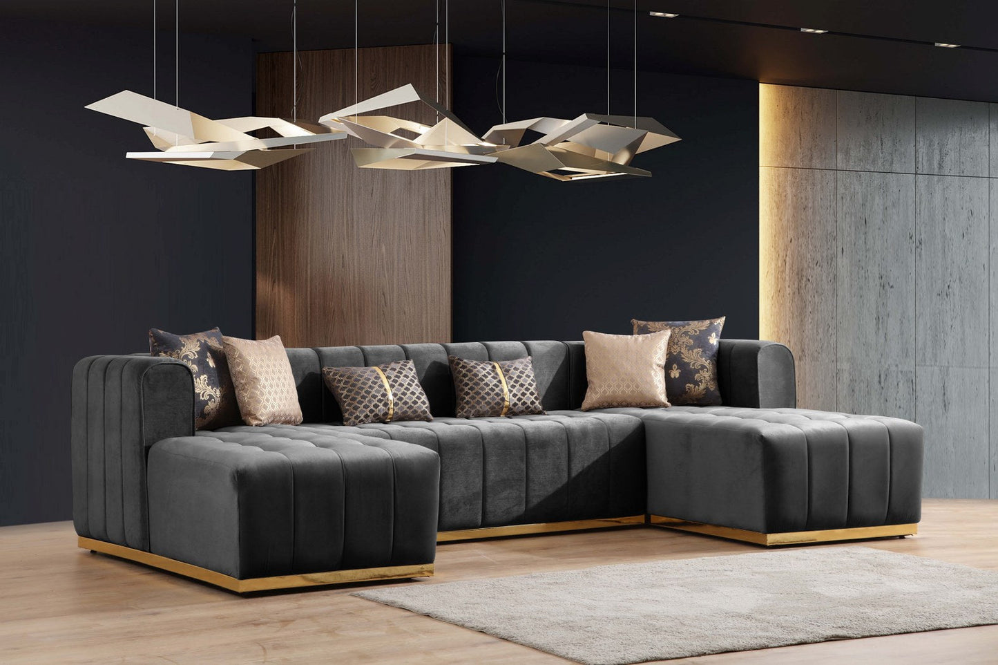 Siesta U Double Chase Sectional Velvet Upholstery- Anthracite Gray