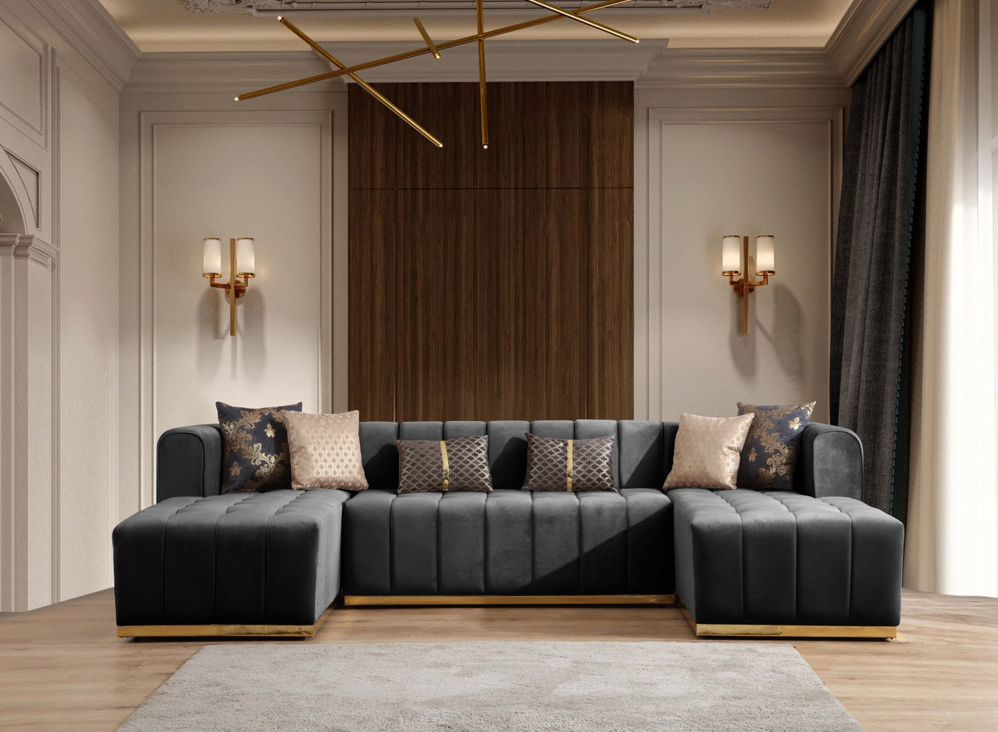 Siesta U Double Chase Sectional Velvet Upholstery- Anthracite Gray