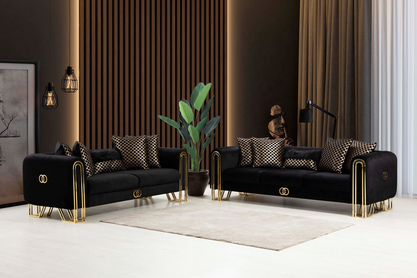 Milano Sofa & Loveseat - Velvet Upholstery - Black