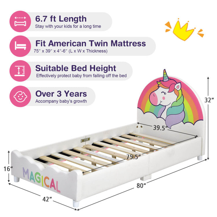 Children Twin Size Upholstered  Platform Single Bed Unicorn