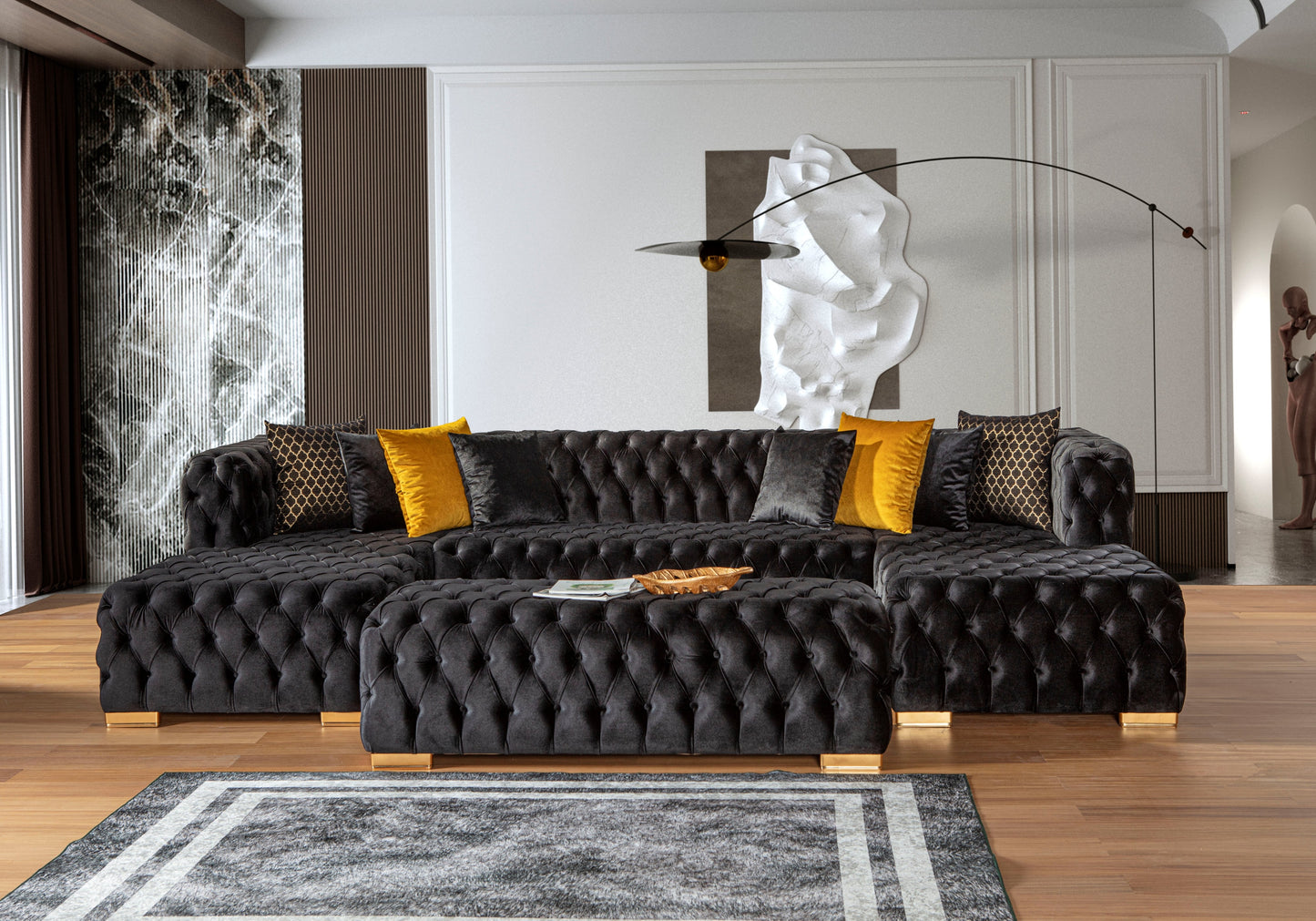Polo Double Chase Sectional - Velvet  Black ** OTTOMAN NOT INCLUDED**
