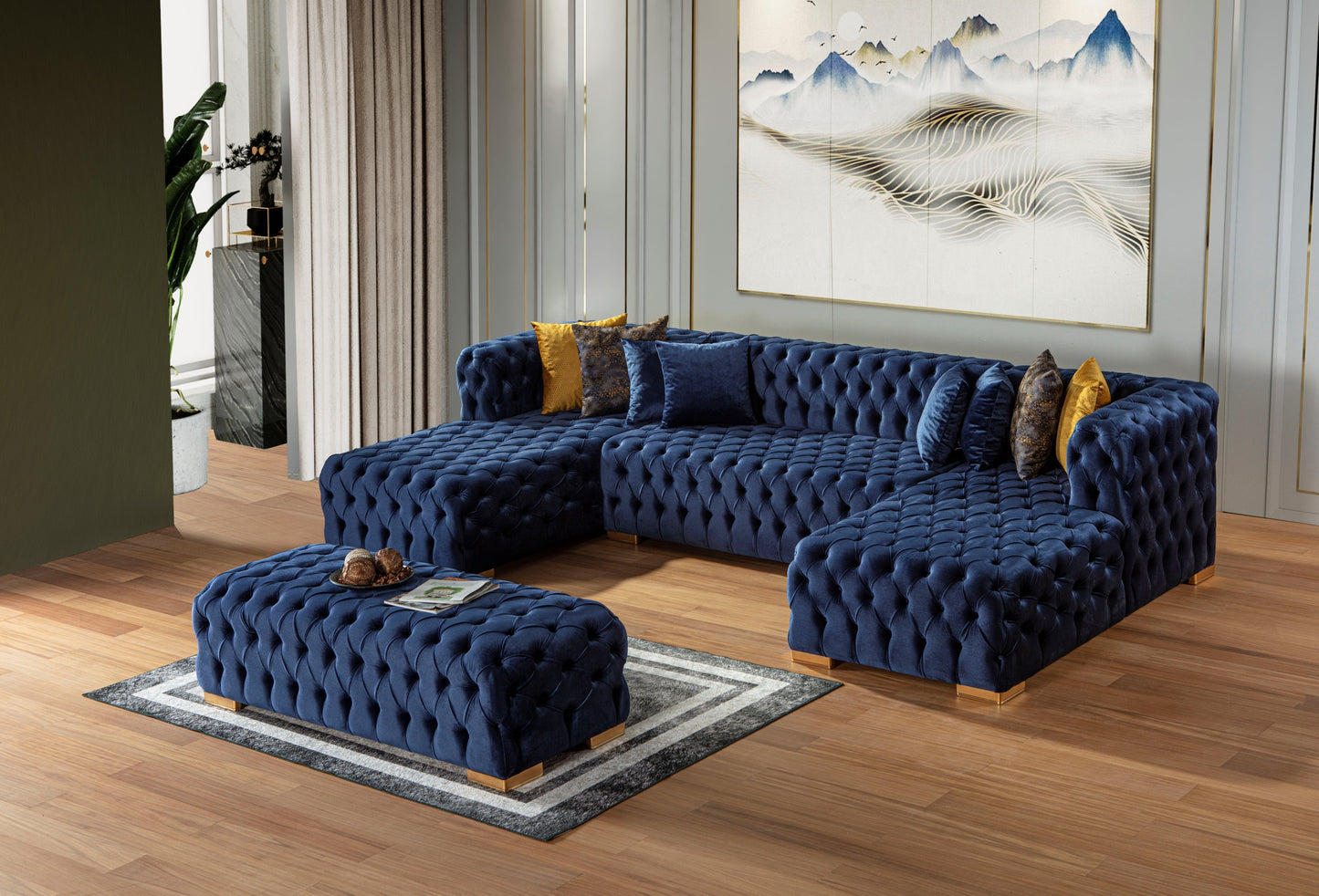 Polo Double Chase Sectional - Velvet  Navy Blue ** OTTOMAN NOT INCLUDED**