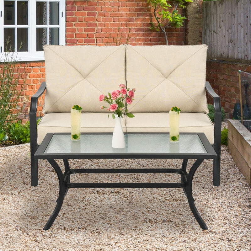 2 Pieces Patio Outdoor Cushioned Sofa Bench with Coffee Table