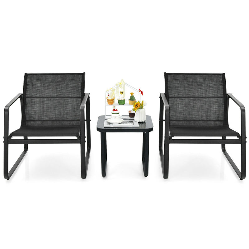 3 Pieces Patio Bistro Furniture Set with Glass Top Table Garden Deck