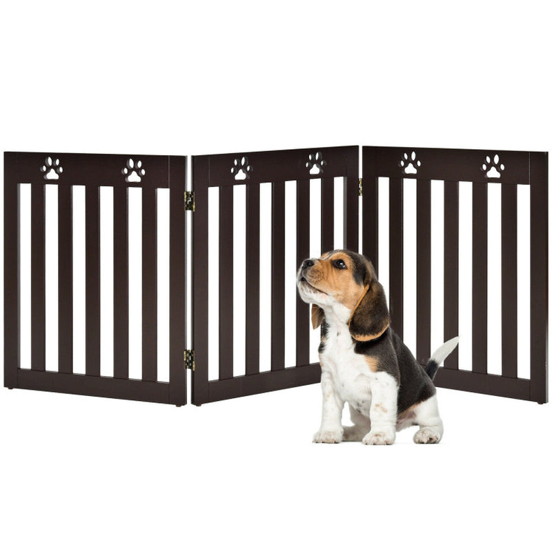 24 Inch Folding Wooden Freestanding Dog Gate with 360° Flexible Hinge for Pet