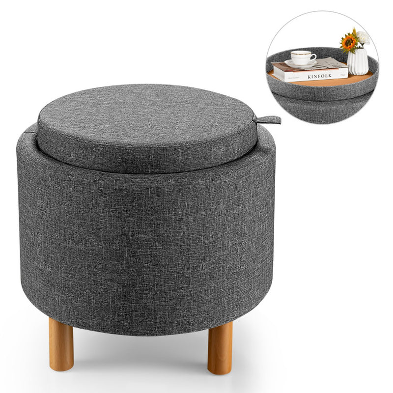 Round Fabric Storage Ottoman with Tray and Non-Slip Pads for Bedroom