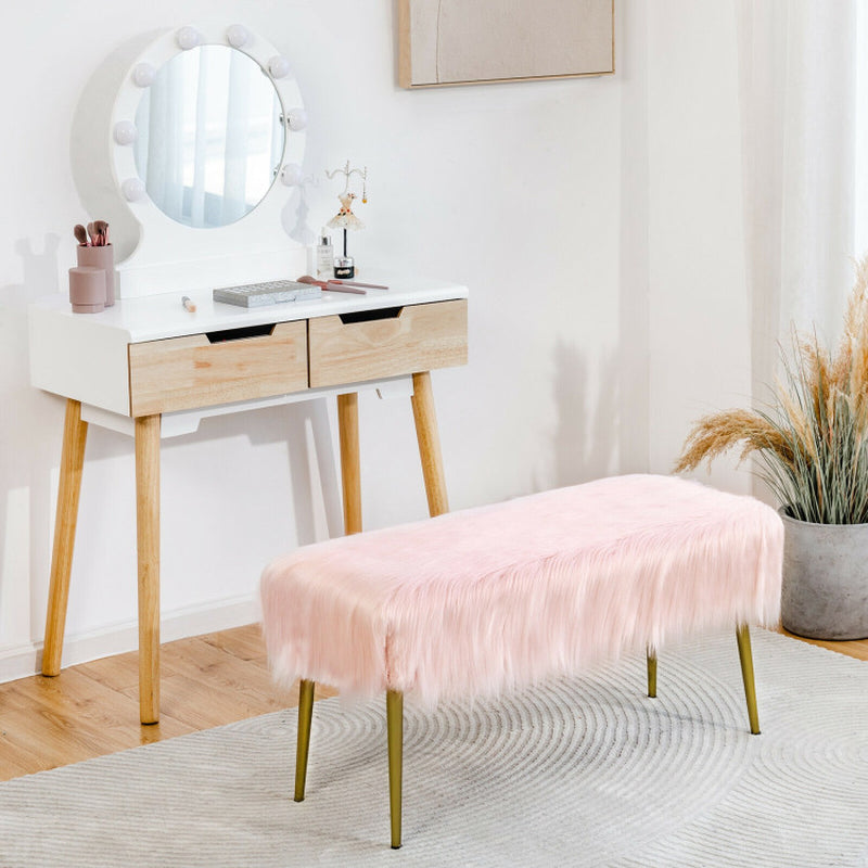 Upholstered Faux Fur Vanity Stool with Golden Legs for Makeup Room