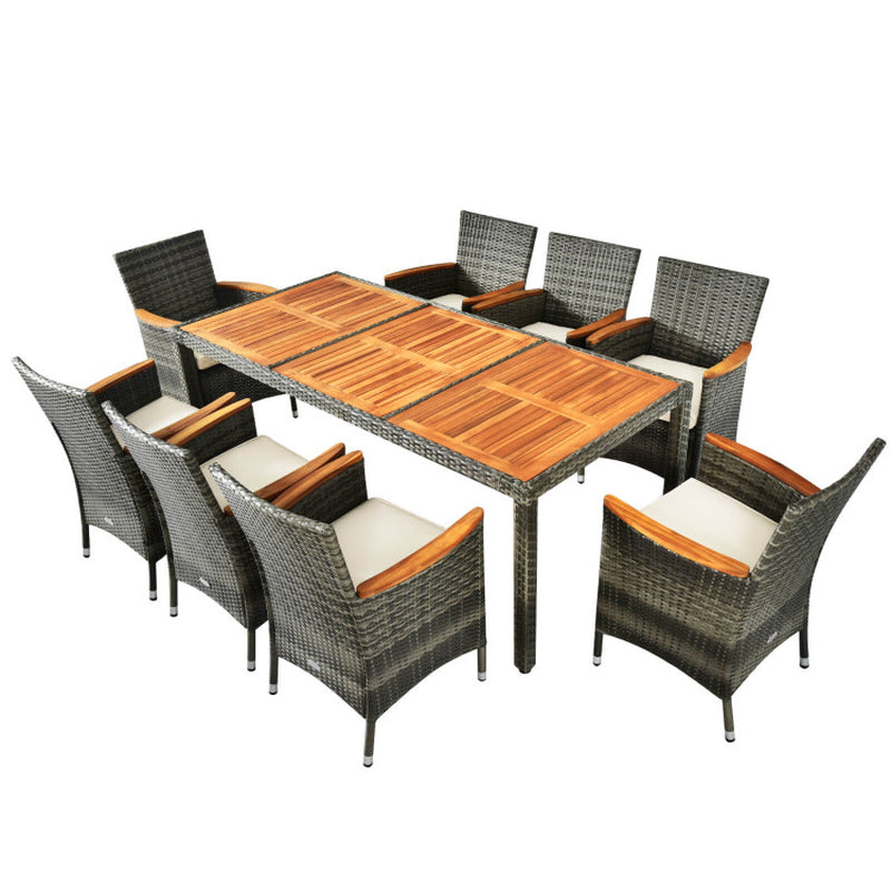 9 Pieces Rattan Patio Dining Set with Acacia Wood Table and Cushioned Chair