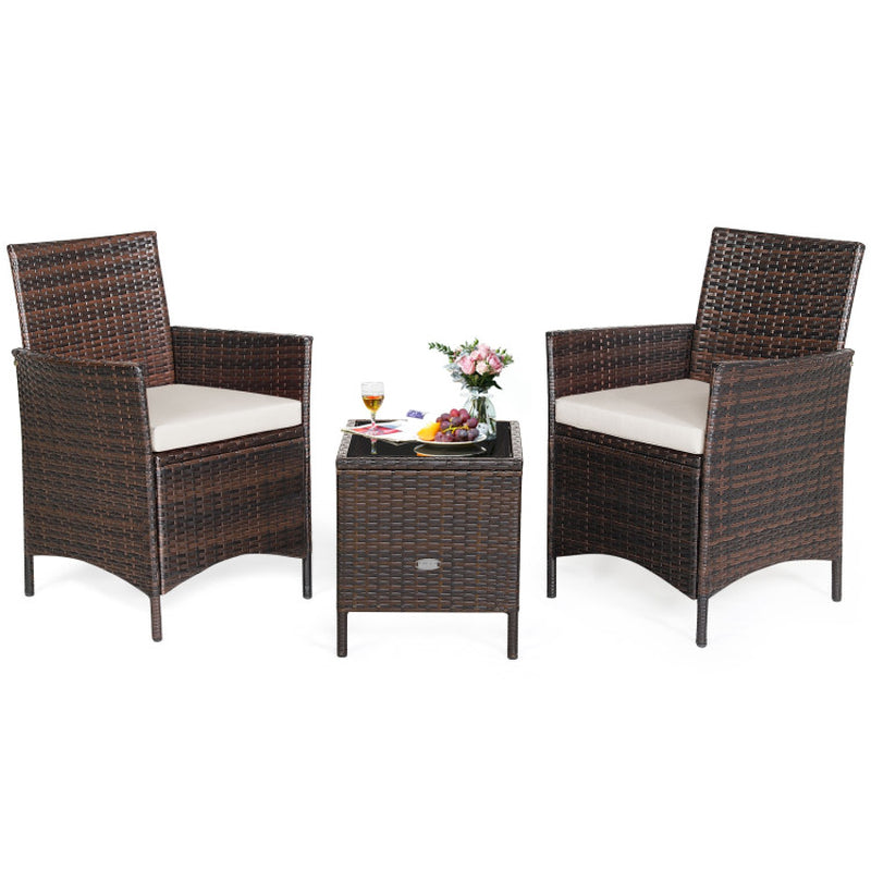 3 Pieces Patio Cushioned Rattan Converstaion Set with Glass Table Top