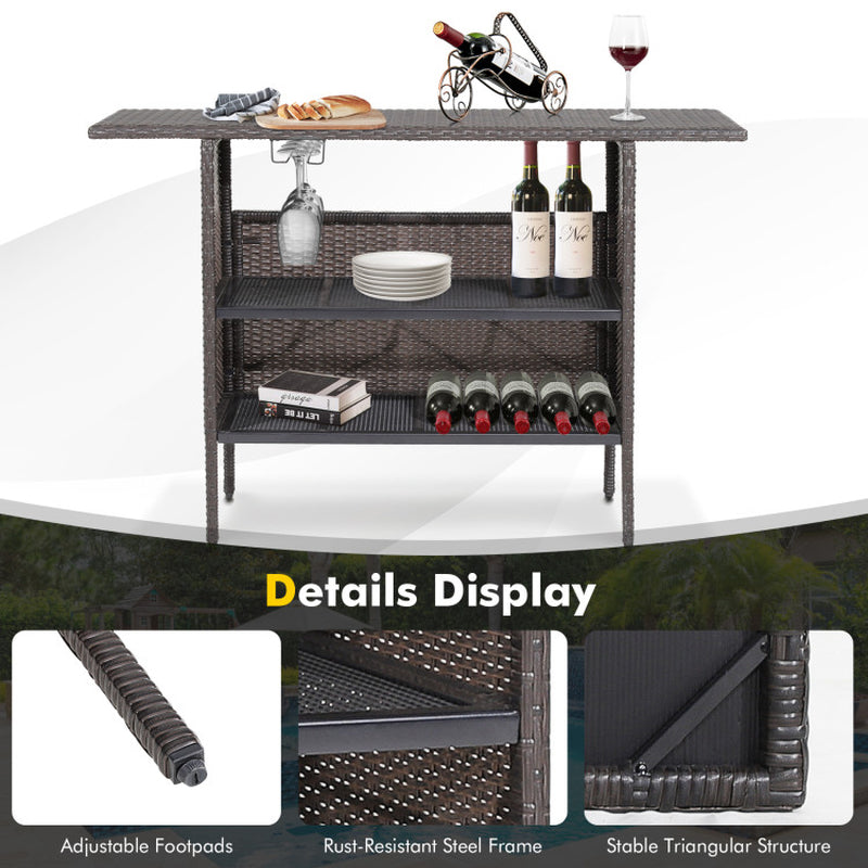 Outdoor Wicker Bar Table with 2 Metal Mesh Shelves