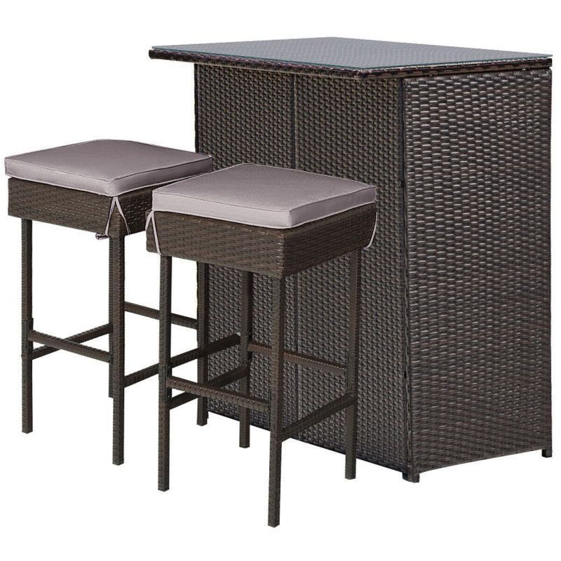 3 Pieces Outdoor Rattan Wicker Bar Set with 2 Cushions Stools