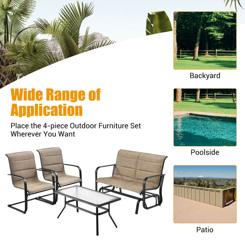4 Pieces Outdoor Patio Furniture Set with Padded Glider Loveseat and Coffee Table