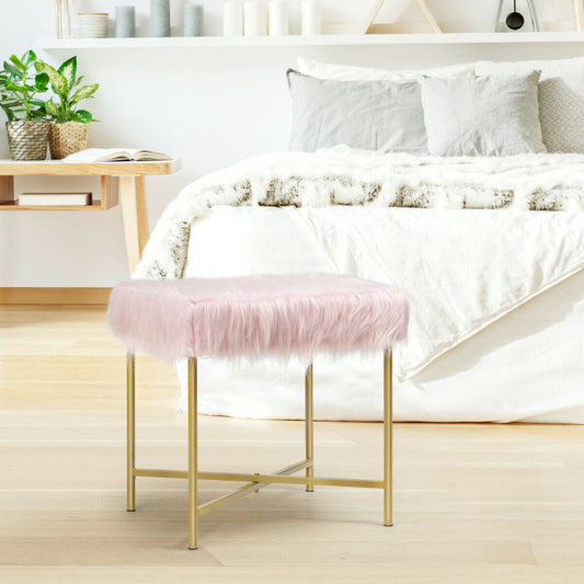 Luxurious Faux Fur Covered Footrest Stool with Gold Metal Base