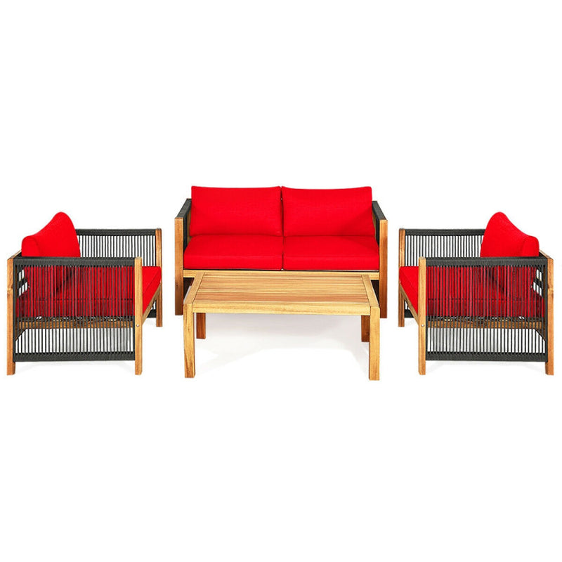 4 Pieces Acacia Wood Sofa Set with Cushions for Outdoor Patio