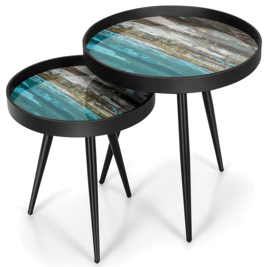 Set of 2 Stylish Nesting End Tables with Wooden Tray Top and Steel Legs