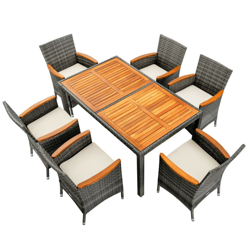 7 Pieces Patio Acacia Wood Cushioned Rattan Dining Set