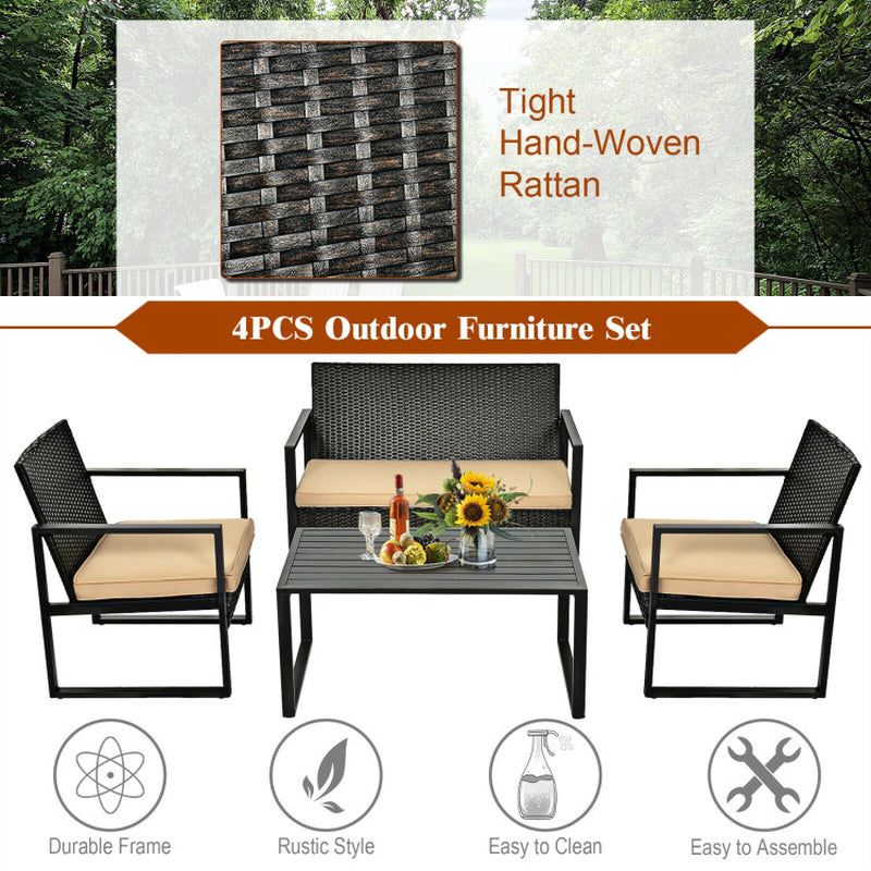 4 Pieces Patio Rattan Furniture Set with Seat Cushions and Coffee Table