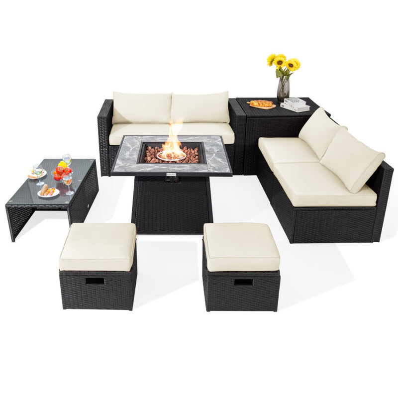 9 Pieces Outdoor Wicker Sectional with 35 Inch Gas Fire Pit Table