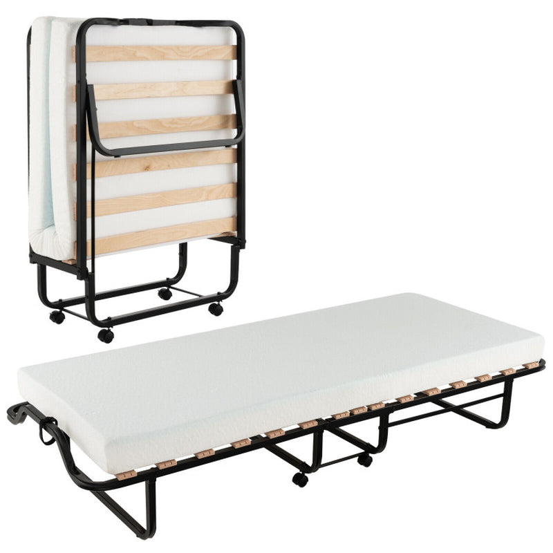 Twin Size Folding Bed with Foam Mattress and Lockable Wheels