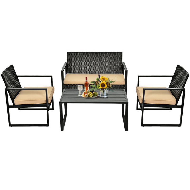 4 Pieces Patio Rattan Furniture Set with Seat Cushions and Coffee Table