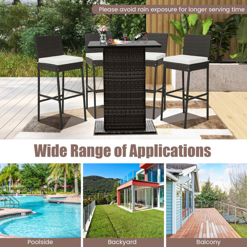 4 Pieces Patio Cushioned Wicker Barstools with Cozy Footrest