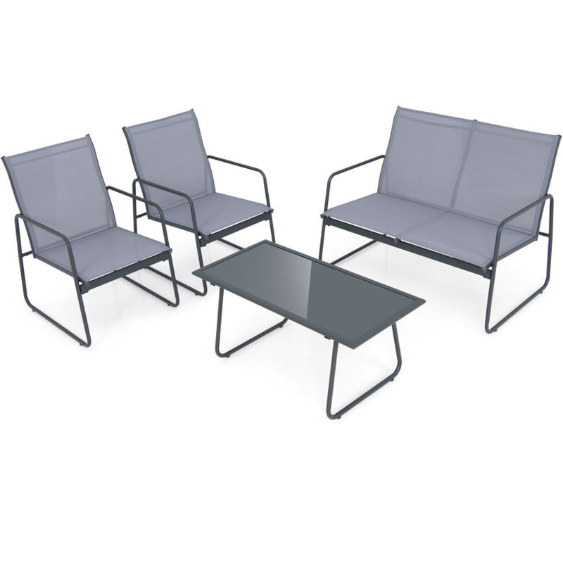 4 Pieces of Metal Patio Furniture Chat Set with Tempered Glass Coffee Table