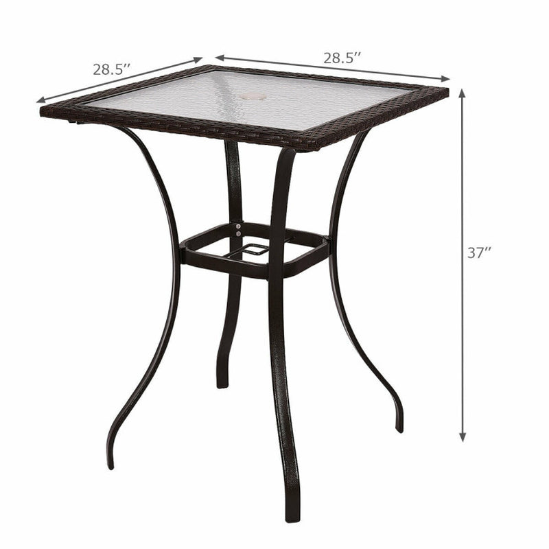 28.5 Inch Outdoor Patio Square Glass Top Table with Rattan Edging