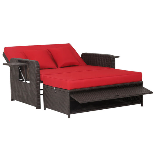 Patio Rattan Daybed with 4-Level Adjustable Backrest and Retractable Side Tray