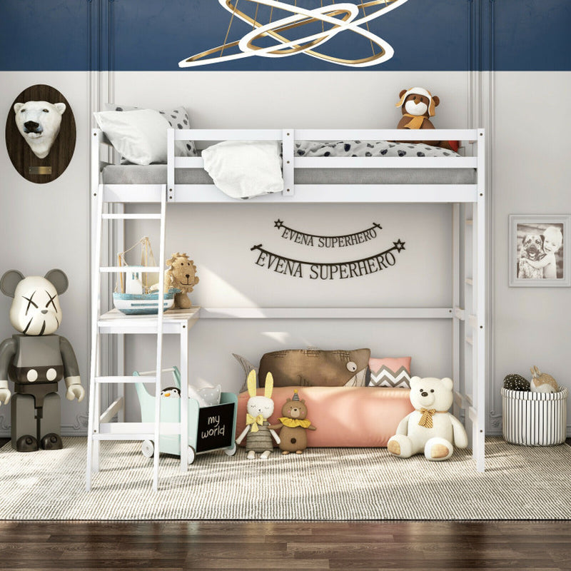 Twin Size Loft Bed Frame with Desk Angled and Built-In Ladder