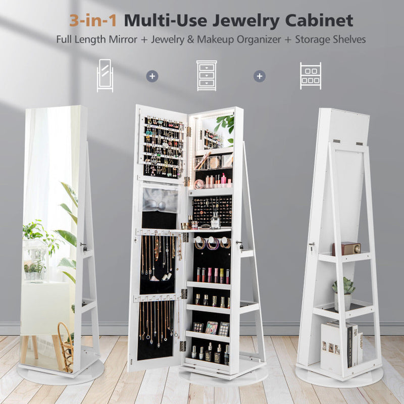 360° Rotating Mirrored Jewelry Cabinet Armoire 3 Color LED Modes Lockable