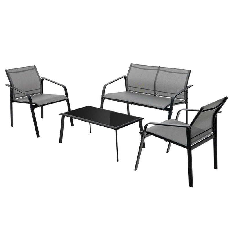 4 Pieces Patio Furniture Set with Armrest Loveseat Sofas and Glass Table Deck