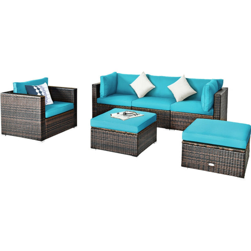 6 Pieces Patio Rattan Furniture Set with Sectional Cushion