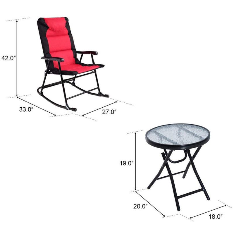 3 Pieces Outdoor Folding Rocking Chair Table Set with Cushion